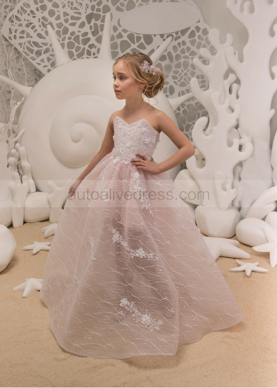 Beaded Blush Pink Lace Tulle Corset Back Flower Girl Dress